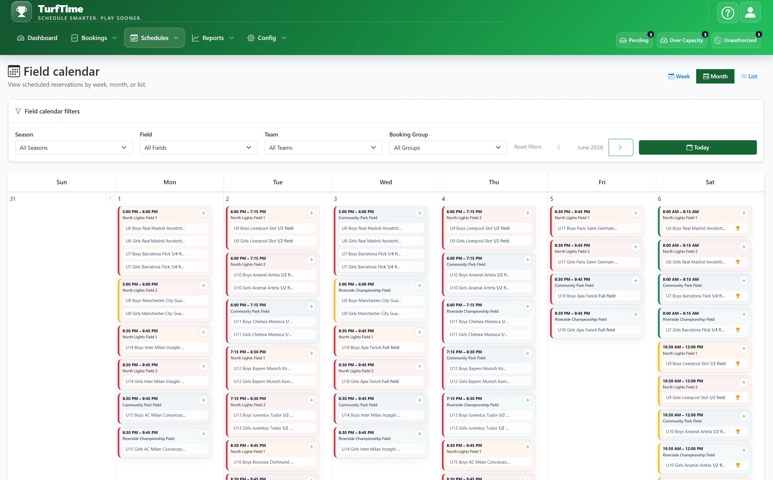 TurfTime field calendar — a full week of bookings across multiple fields, color-coded by team