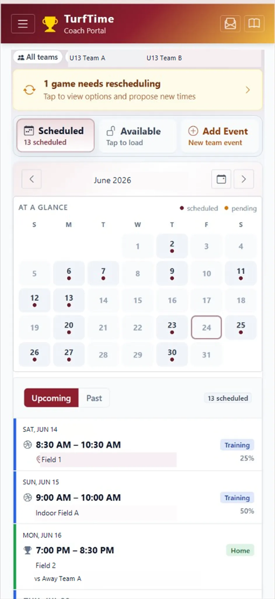 TurfTime Coach Portal on a phone — team schedule, calendar, and rescheduling alert
