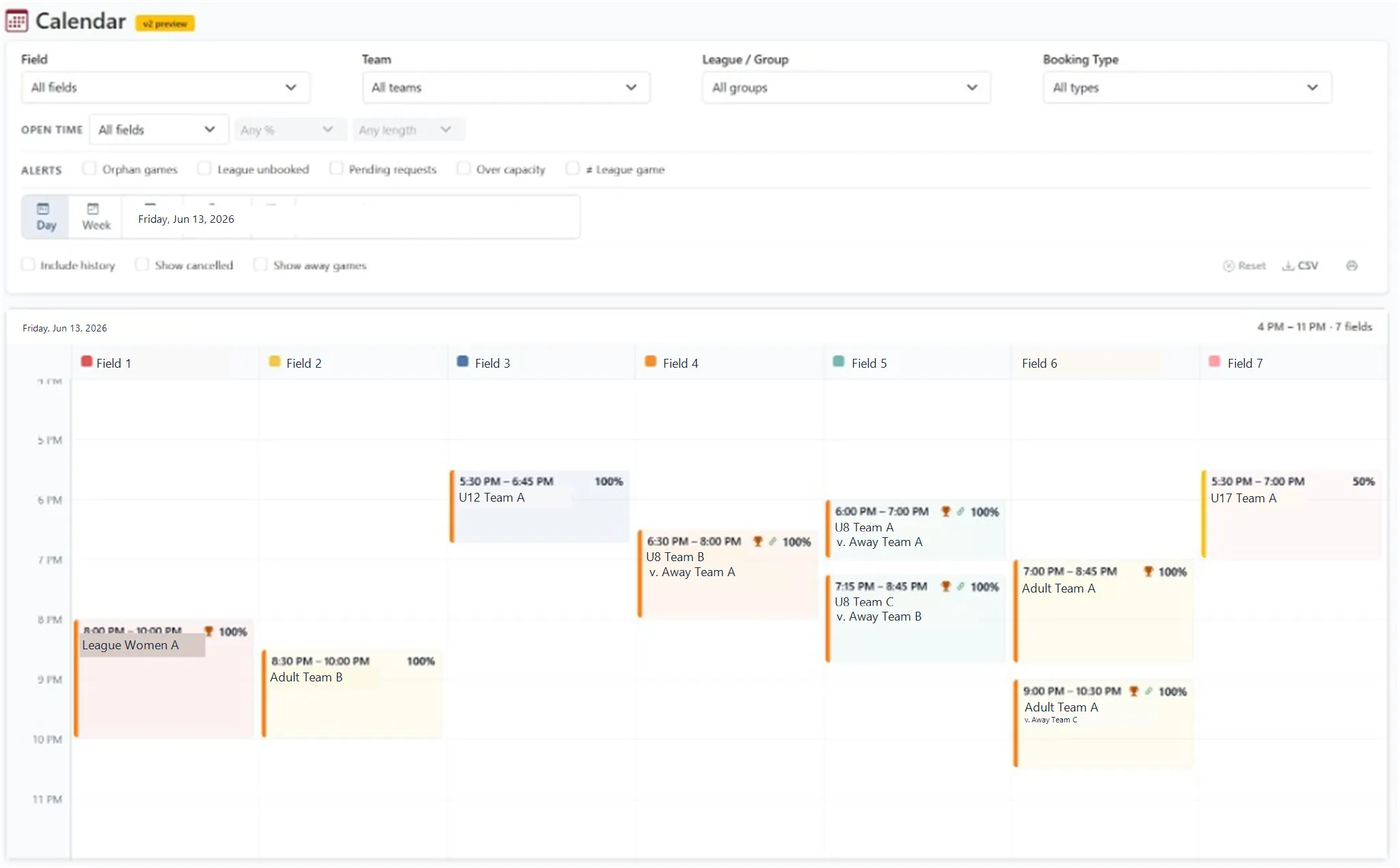 TurfTime field calendar day view showing bookings across multiple fields from afternoon through evening