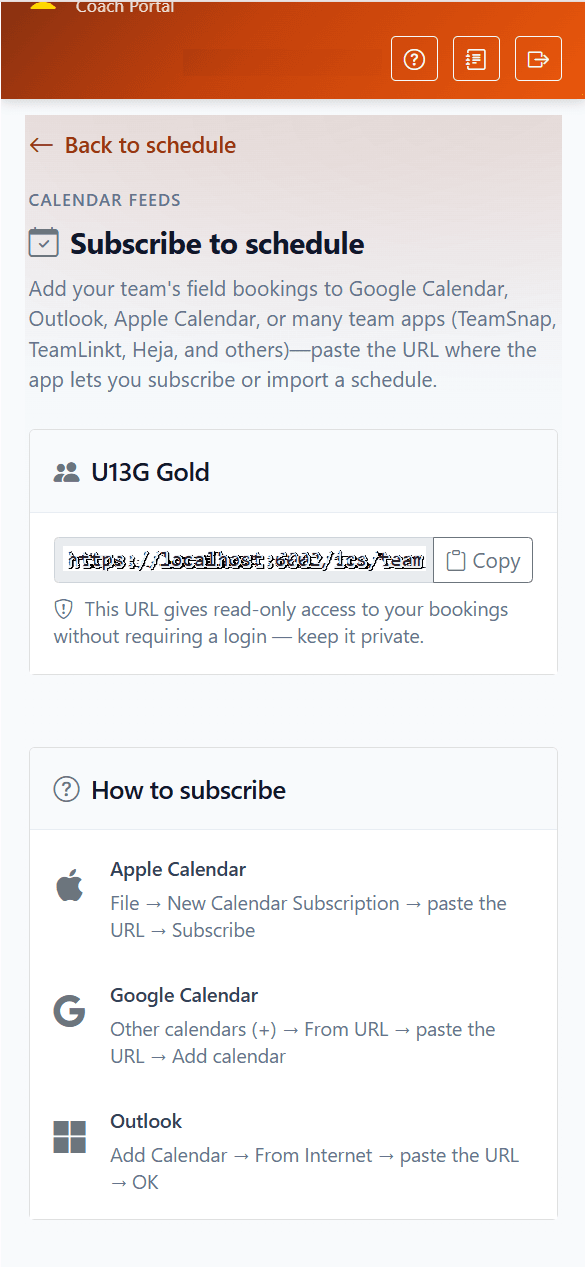 Calendar feed subscription on a phone — one-tap subscribe to Apple, Google, or Outlook