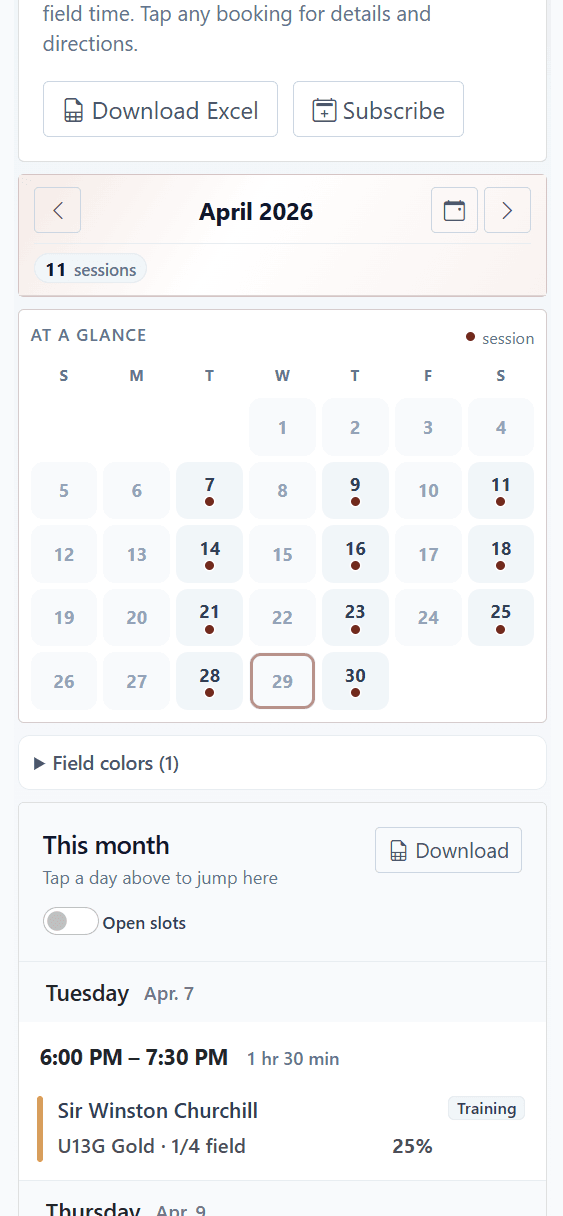 Coach's view on a phone — monthly calendar with sessions listed below