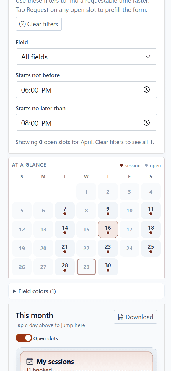 Field availability on a phone — open slots filtered by field and time, ready to request