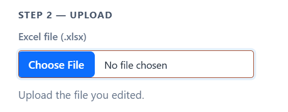 Step 2 — upload your completed spreadsheet and confirm the import preview