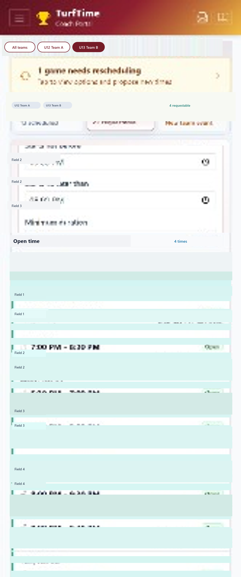 TurfTime Coach Portal — find open field time with filters and available slots