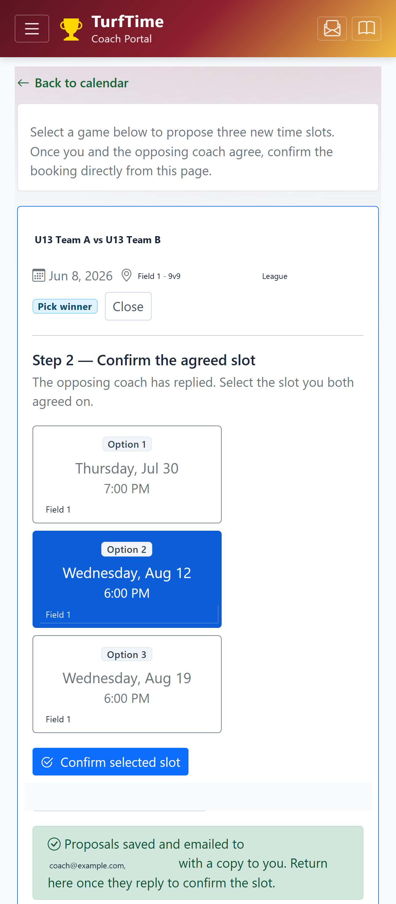 TurfTime Coach Portal — confirm the agreed reschedule slot after proposals were emailed